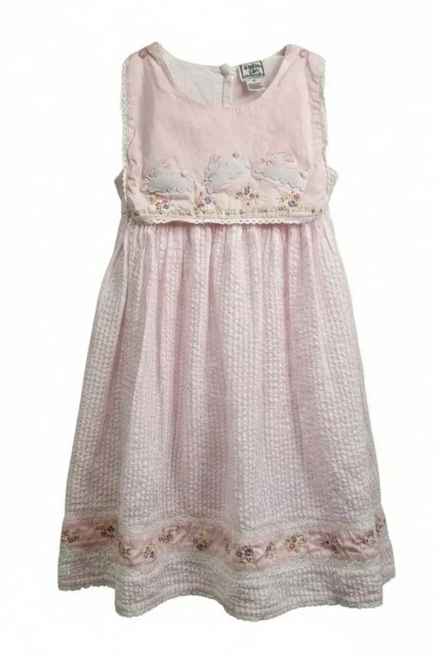Cotton Kids Girls Pink Seersucker Embroidered  Sleeveless Dress